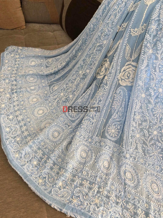 Powder Blue Pearl Lucknowi Anarkali Suit Chikankari