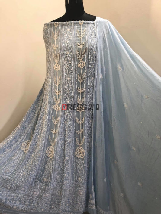 Powder Blue Pearl Lucknowi Anarkali Suit Chikankari