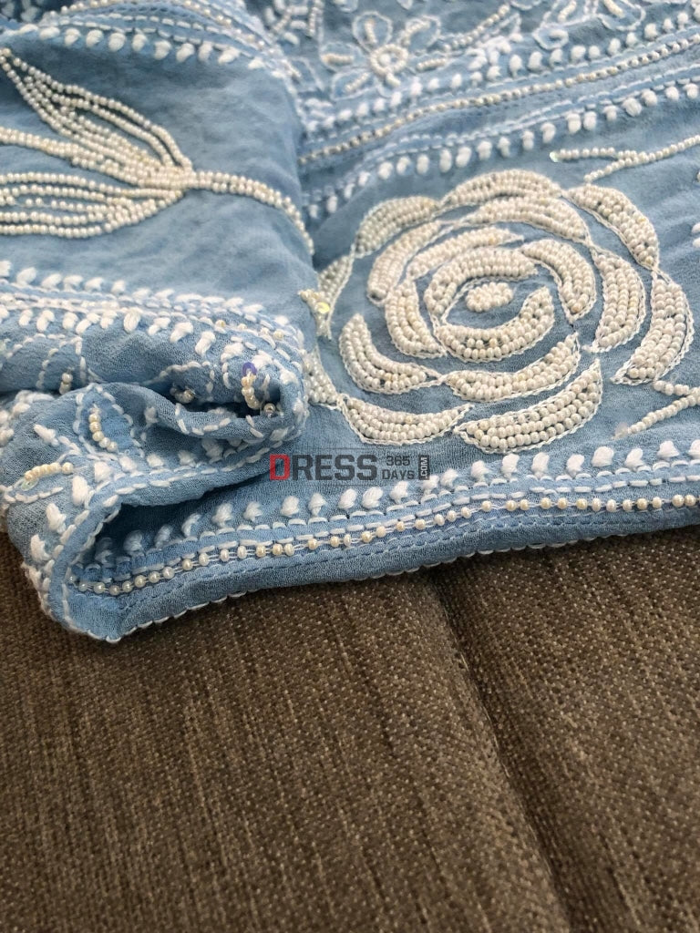 Powder Blue Pearl Lucknowi Anarkali Suit Chikankari
