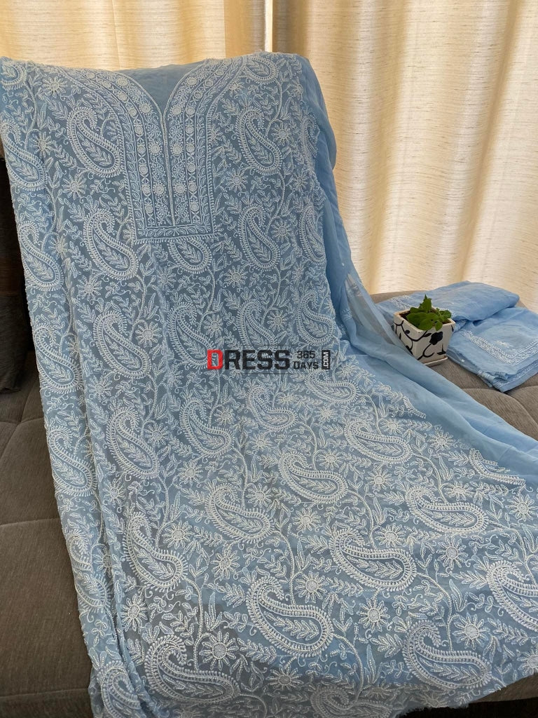Powder Blue Pearl Lucknowi Chikankari Suit Suits