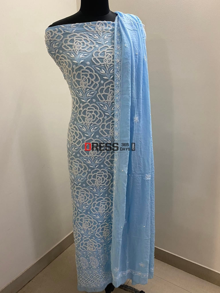 Powder Blue Pearl Lucknowi Chikankari Suit Suits