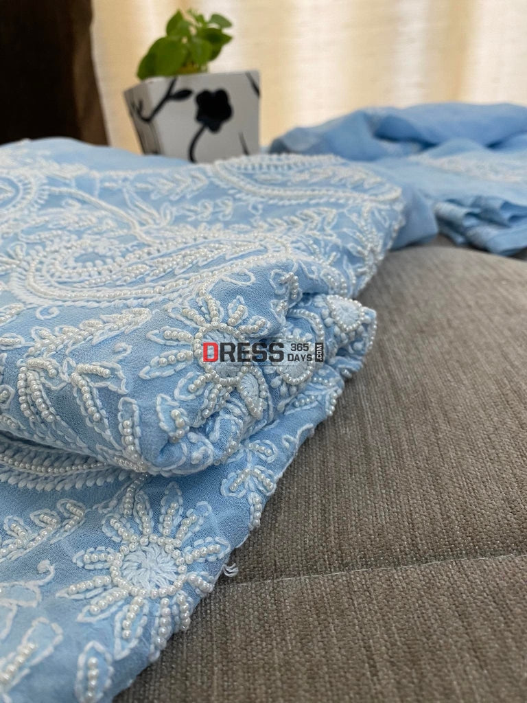 Powder Blue Pearl Lucknowi Chikankari Suit Suits