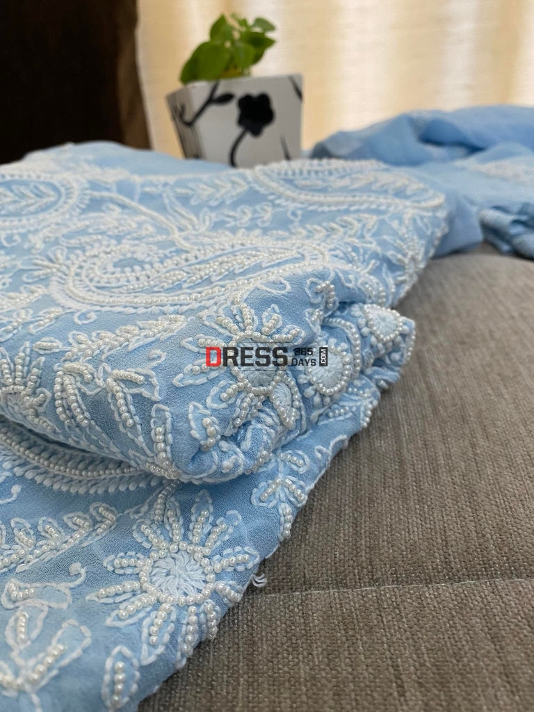 Powder Blue Pearl Lucknowi Chikankari Suit Suits