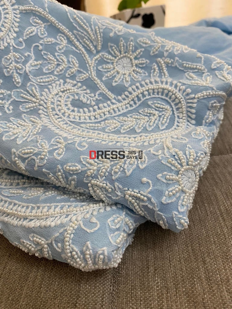 Powder Blue Pearl Lucknowi Chikankari Suit Suits