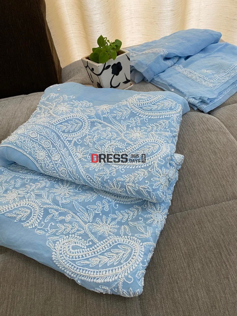 Powder Blue Pearl Lucknowi Chikankari Suit Suits