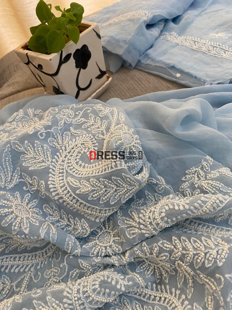 Powder Blue Pearl Lucknowi Chikankari Suit Suits