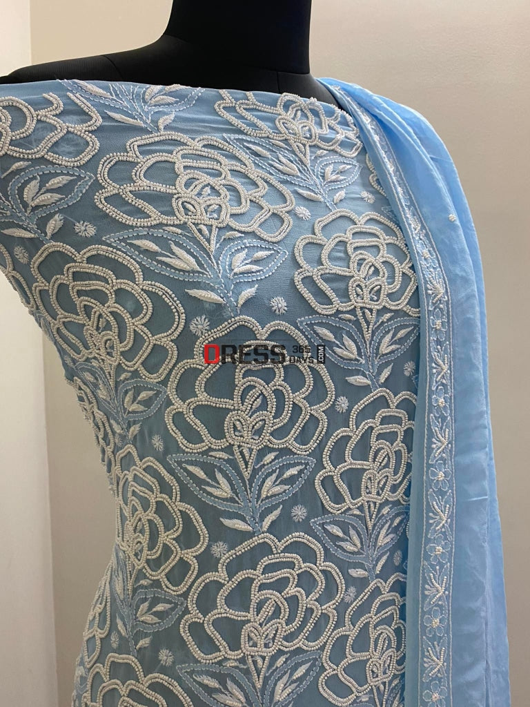 Powder Blue Pearl Lucknowi Chikankari Suit Suits