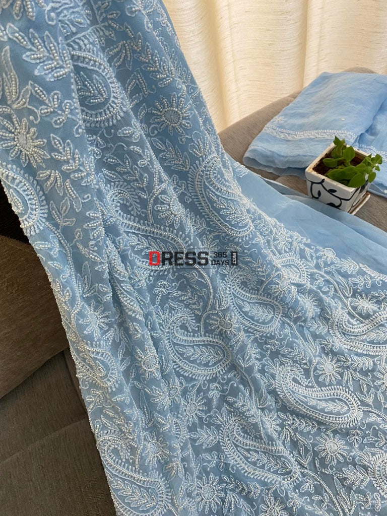 Powder Blue Pearl Lucknowi Chikankari Suit Suits