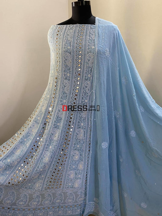 Powder Blue Pearl & Mirror Lucknowi Anarkali Suit Chikankari