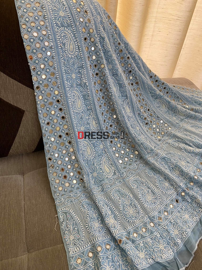 Powder Blue Pearl & Mirror Lucknowi Anarkali Suit Chikankari