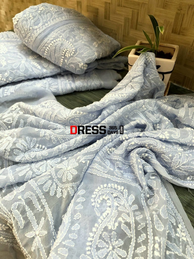 Powder Blue Pure Georgette Lucknowi Chikankari Lehenga Set