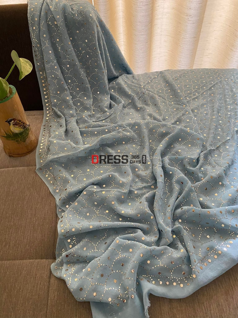 Powder Blue Pure Georgette Mukaish Dupatta Chikankari