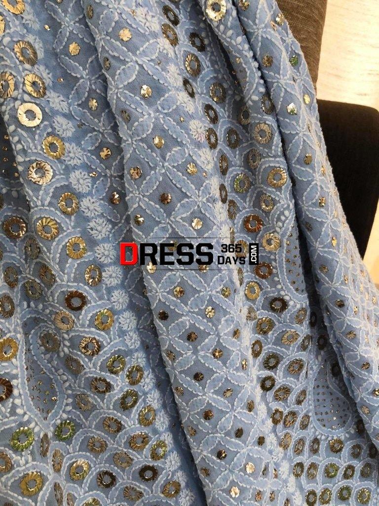Powder Blue Ring Mukaish Chikankari Anarkali Suit