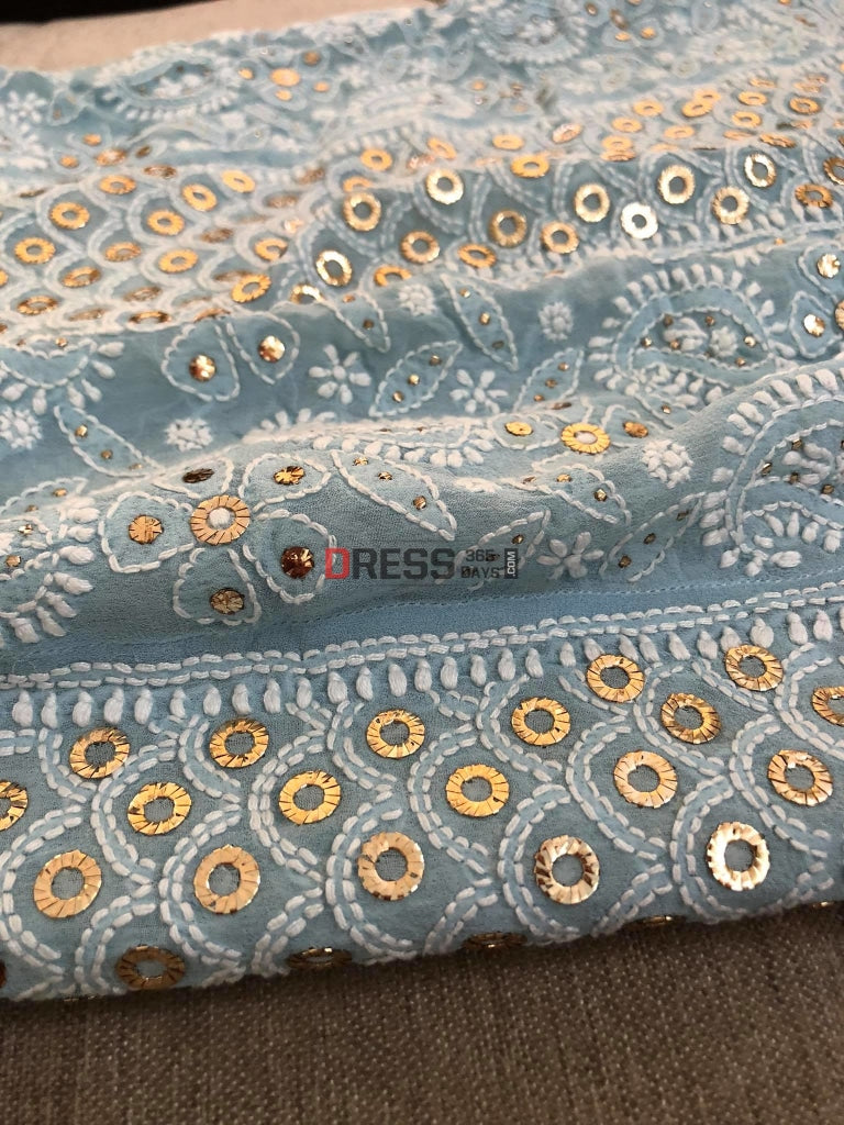 Powder Blue Ring Mukaish Chikankari Anarkali Suit