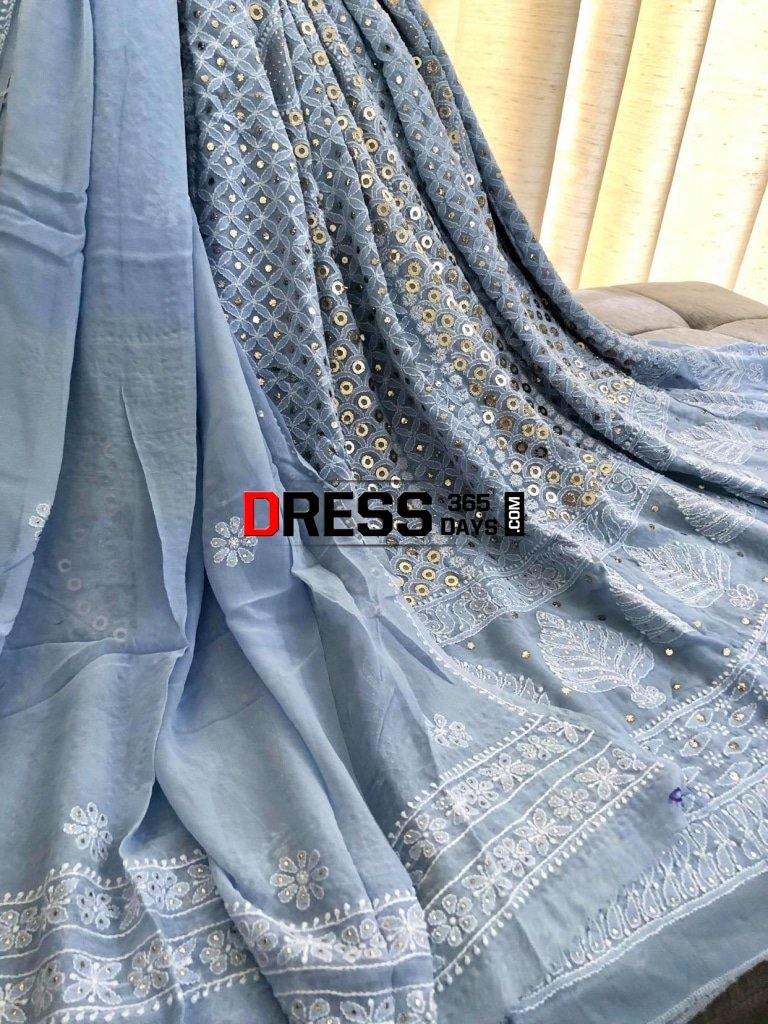 Powder Blue Ring Mukaish Chikankari Anarkali Suit