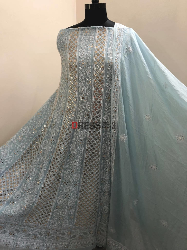Powder Blue Ring Mukaish Chikankari Anarkali Suit