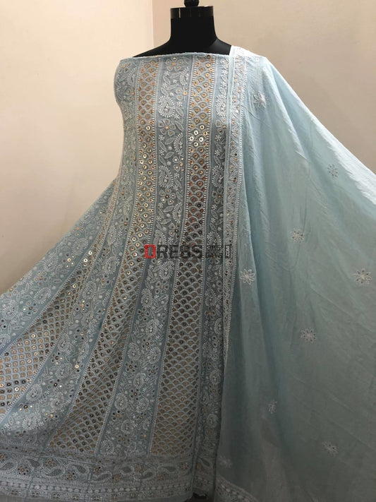 Powder Blue Ring Mukaish Chikankari Anarkali Suit