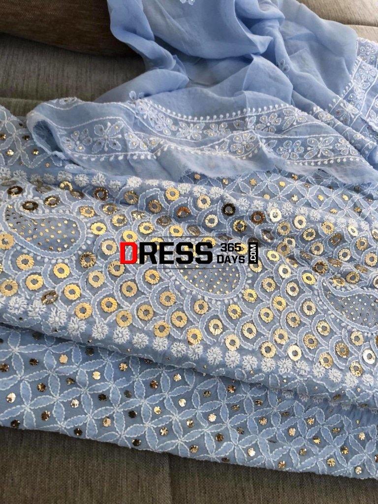 Powder Blue Ring Mukaish Chikankari Anarkali Suit