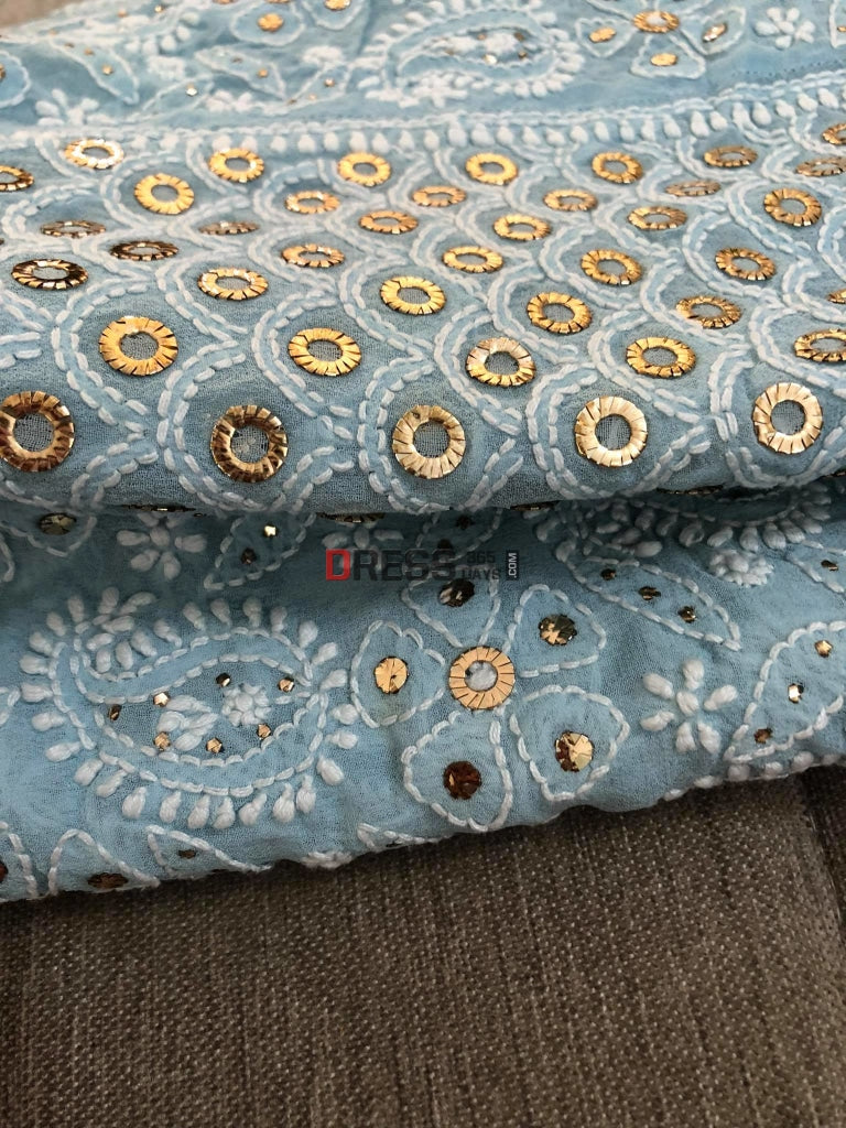 Powder Blue Ring Mukaish Chikankari Anarkali Suit
