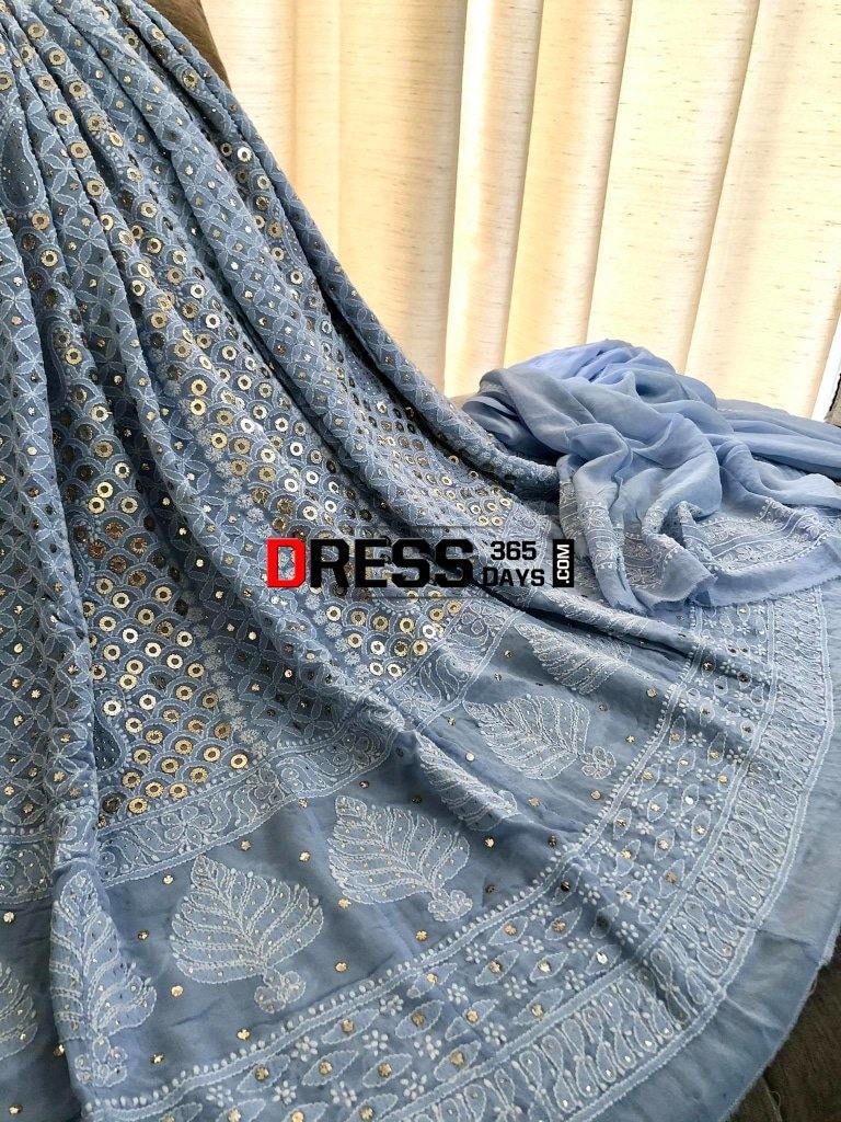 Powder Blue Ring Mukaish Chikankari Anarkali Suit