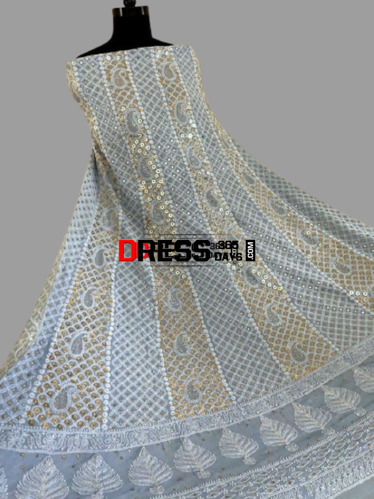 Powder Blue Ring Mukaish Chikankari Anarkali Suit