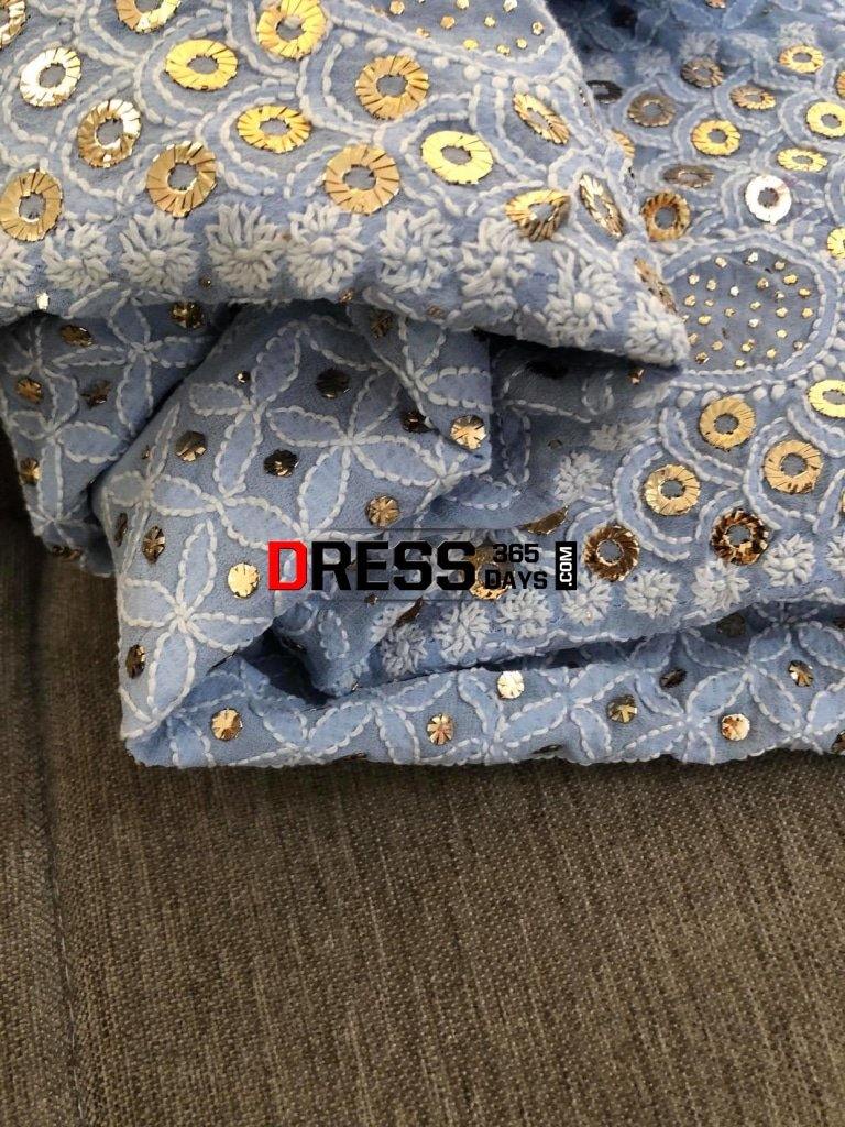 Powder Blue Ring Mukaish Chikankari Anarkali Suit