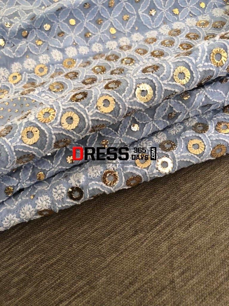 Powder Blue Ring Mukaish Chikankari Anarkali Suit