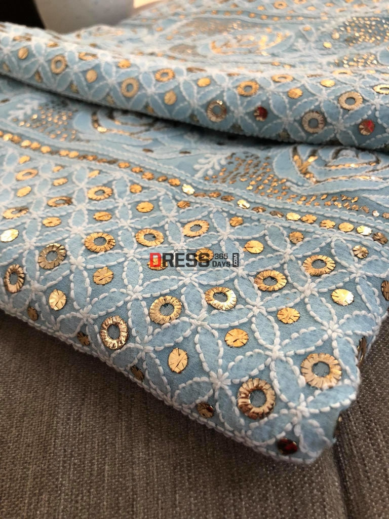 Powder Blue Ring Mukaish Chikankari Kurta Dupatta Set Suits