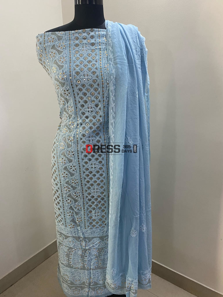Powder Blue Ring Mukaish Chikankari Kurta Dupatta Set Suits