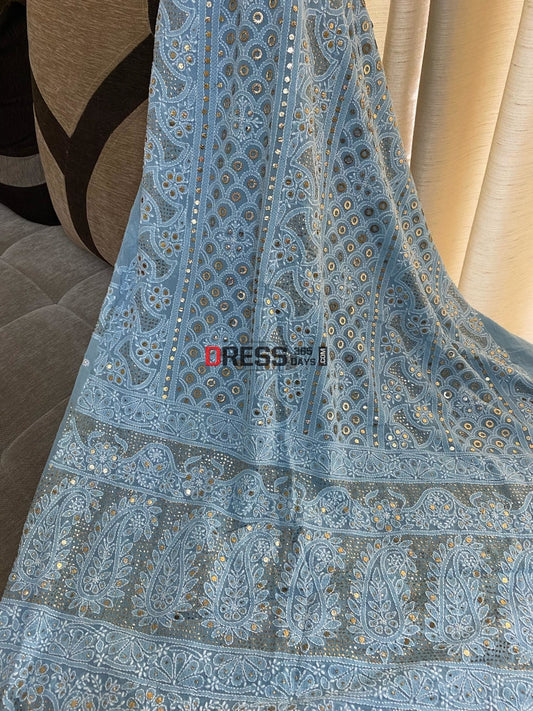 Powder Blue Ring Mukaish Chikankari Kurta Dupatta Set Suits