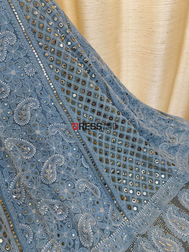 Powder Blue Ring Mukaish Chikankari Lehenga Skirt (Only Skirt)