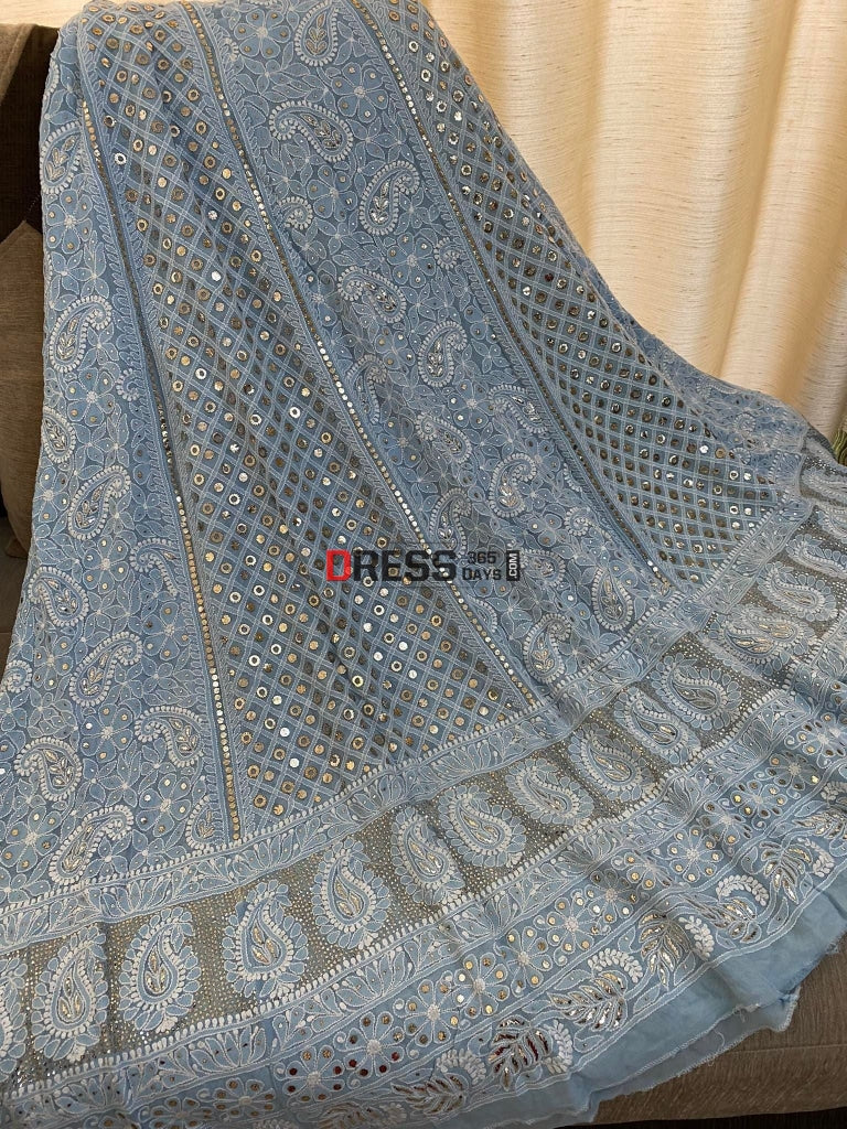 Powder Blue Ring Mukaish Chikankari Lehenga Skirt (Only Skirt)