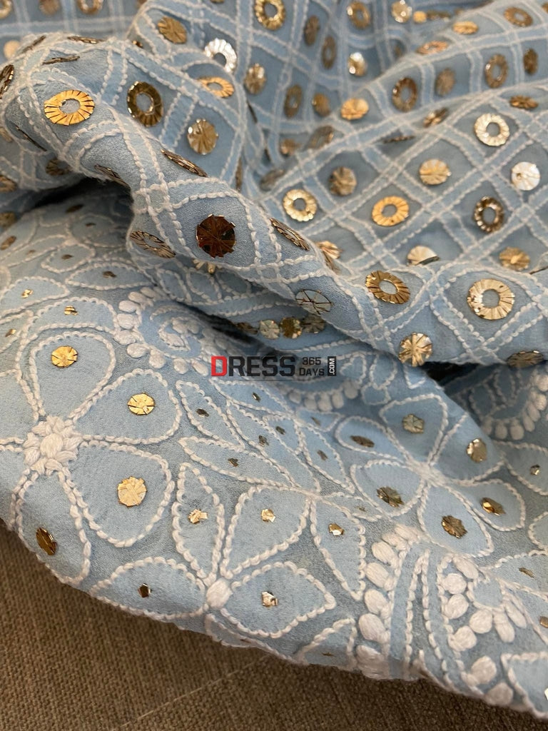 Powder Blue Ring Mukaish Chikankari Lehenga Skirt (Only Skirt)