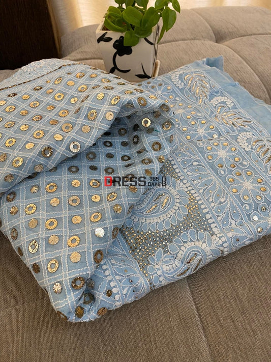 Powder Blue Ring Mukaish Chikankari Lehenga Skirt (Only Skirt)