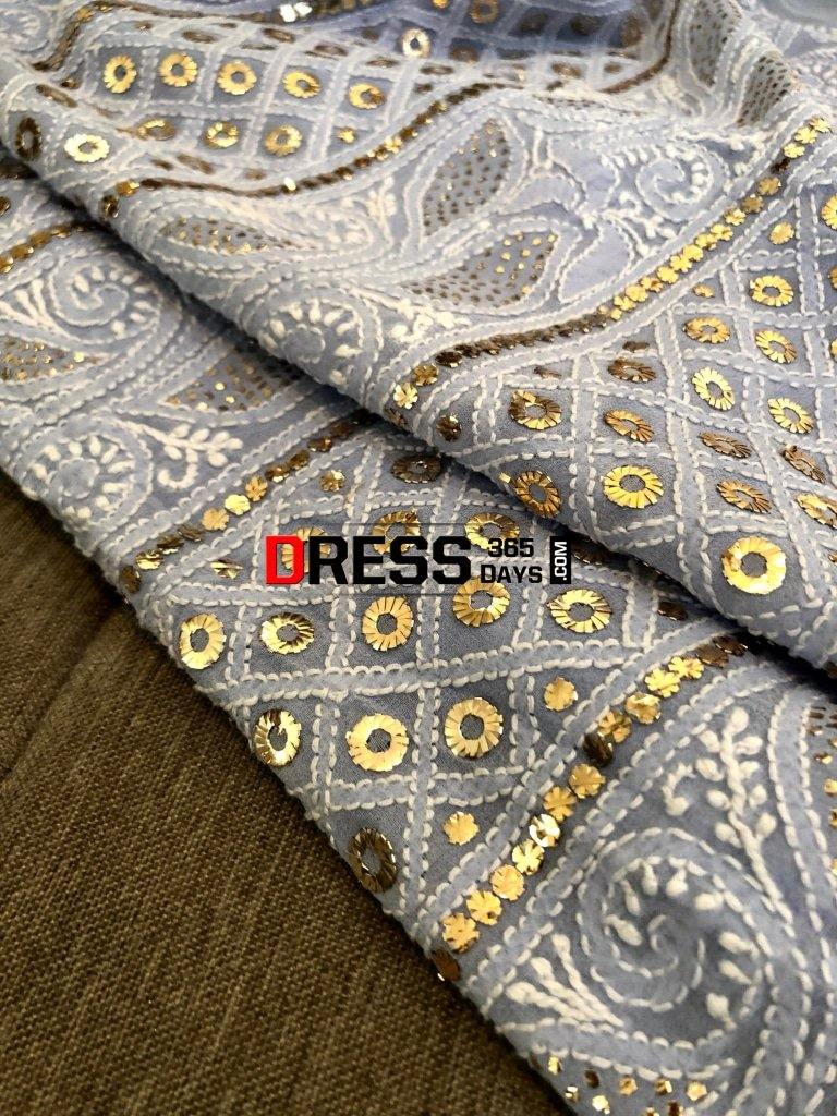 Powder Blue Ring Mukaish Chikankari Suit Suits