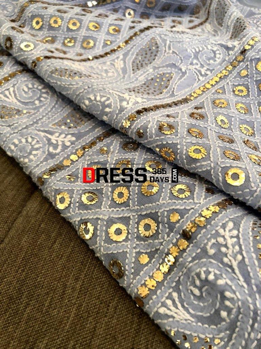 Powder Blue Ring Mukaish Chikankari Suit Suits