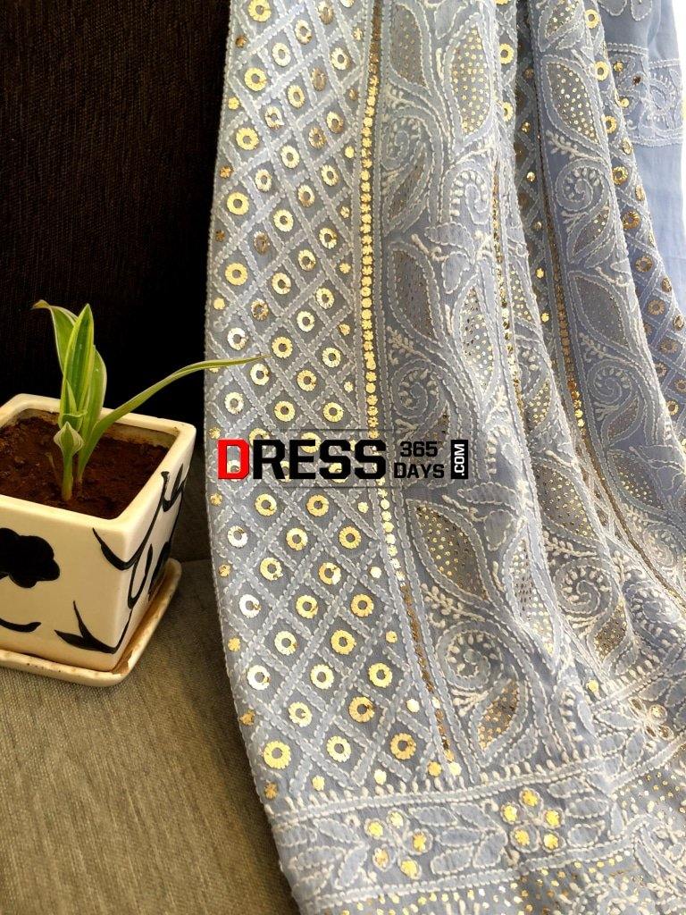 Powder Blue Ring Mukaish Chikankari Suit Suits