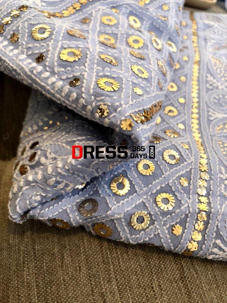 Powder Blue Ring Mukaish Chikankari Suit Suits
