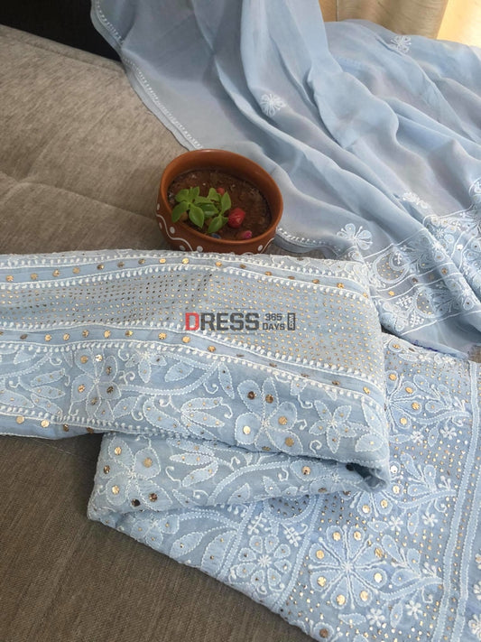 Powder Blue Yoke Style Chikankari Mukaish Anarkali