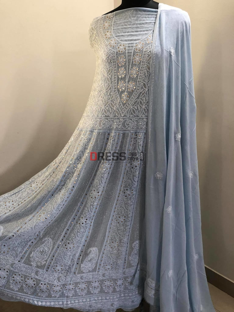 Powder Blue Yoke Style Chikankari Mukaish Anarkali