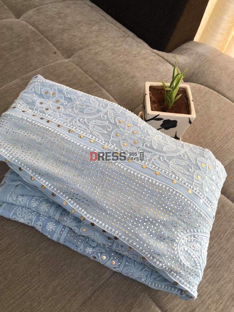 Powder Blue Yoke Style Chikankari Mukaish Anarkali