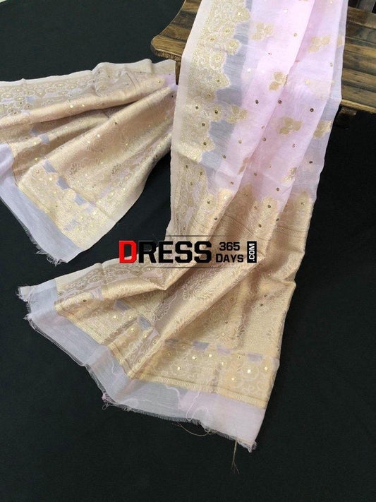 Powder Pink Chanderi Banarasi Aari Zari Mukaish Stole Dupatta Chikankari