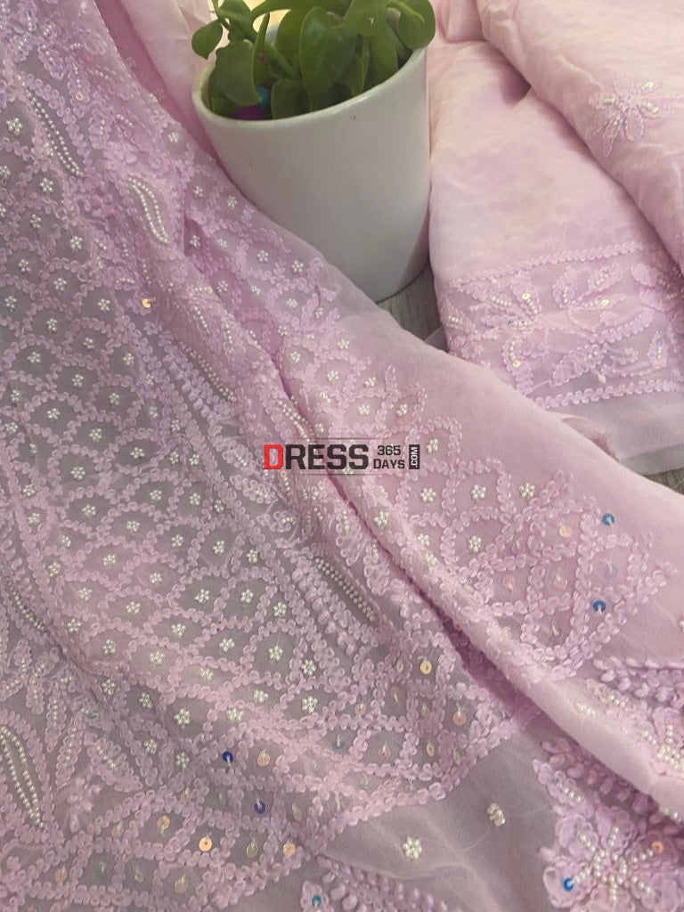 Powder Pink Chikankari & Pearl Kurta Dupatta Set Suits