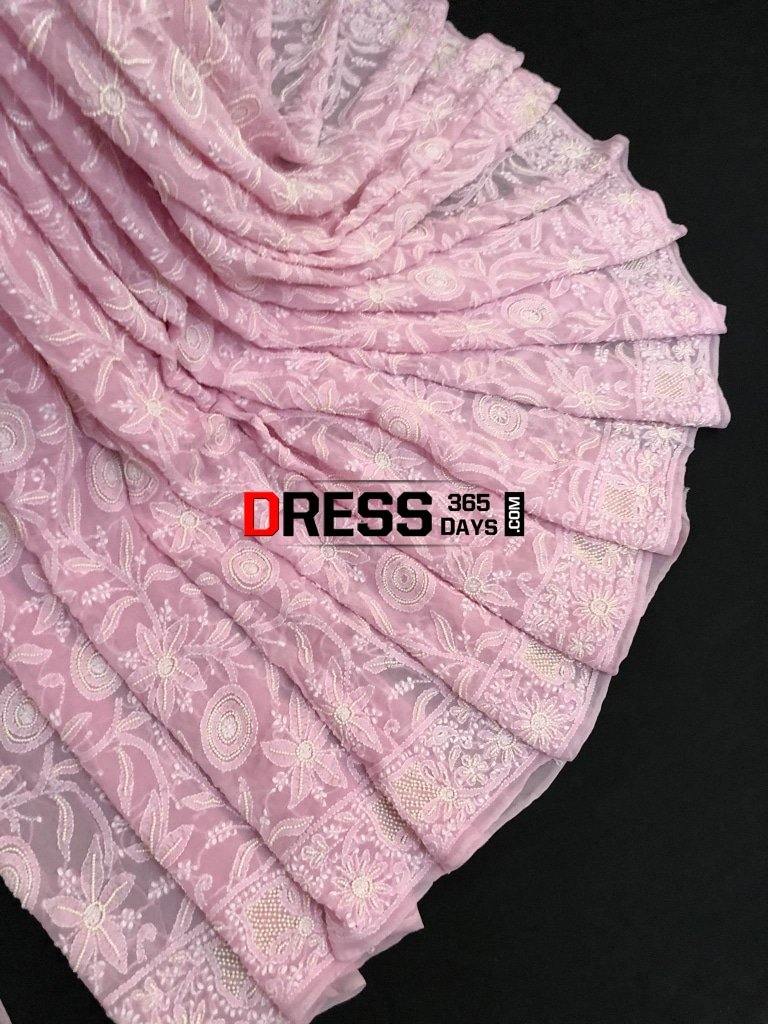 Powder Pink Chikankari Saree With Pearls