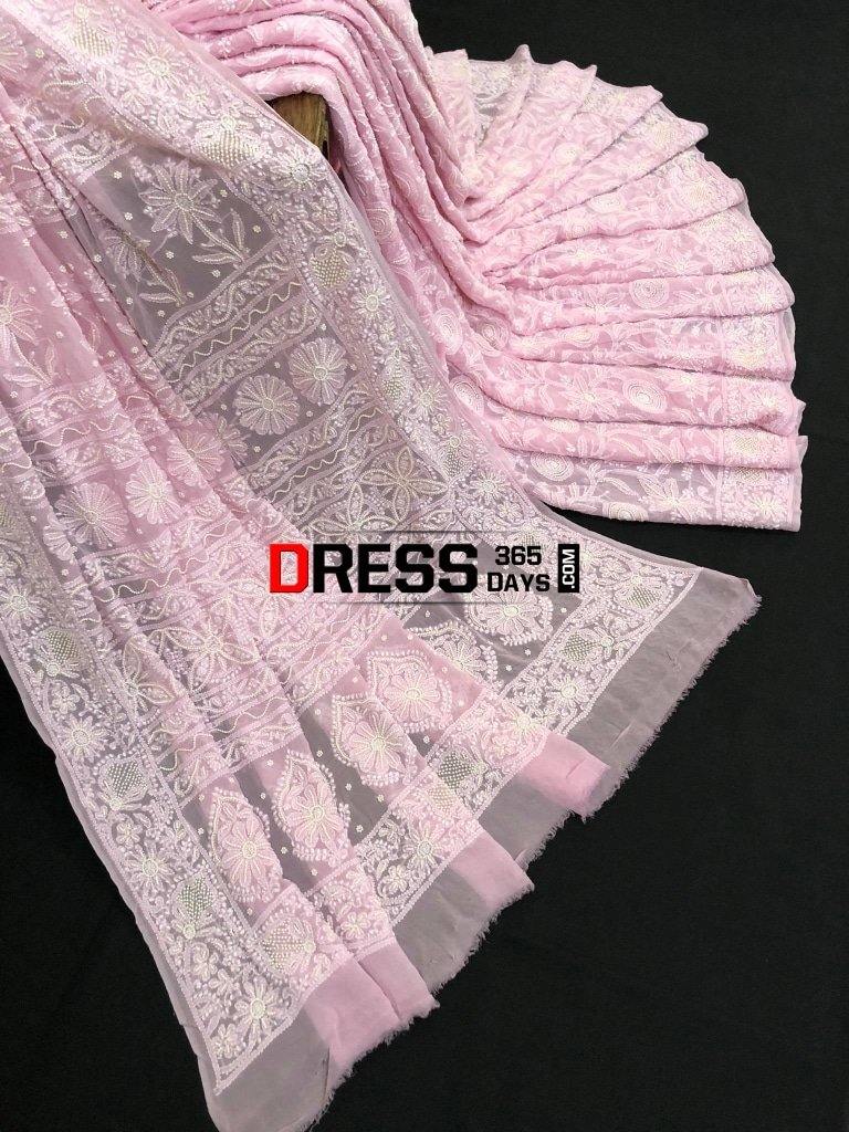 Powder Pink Chikankari Saree With Pearls