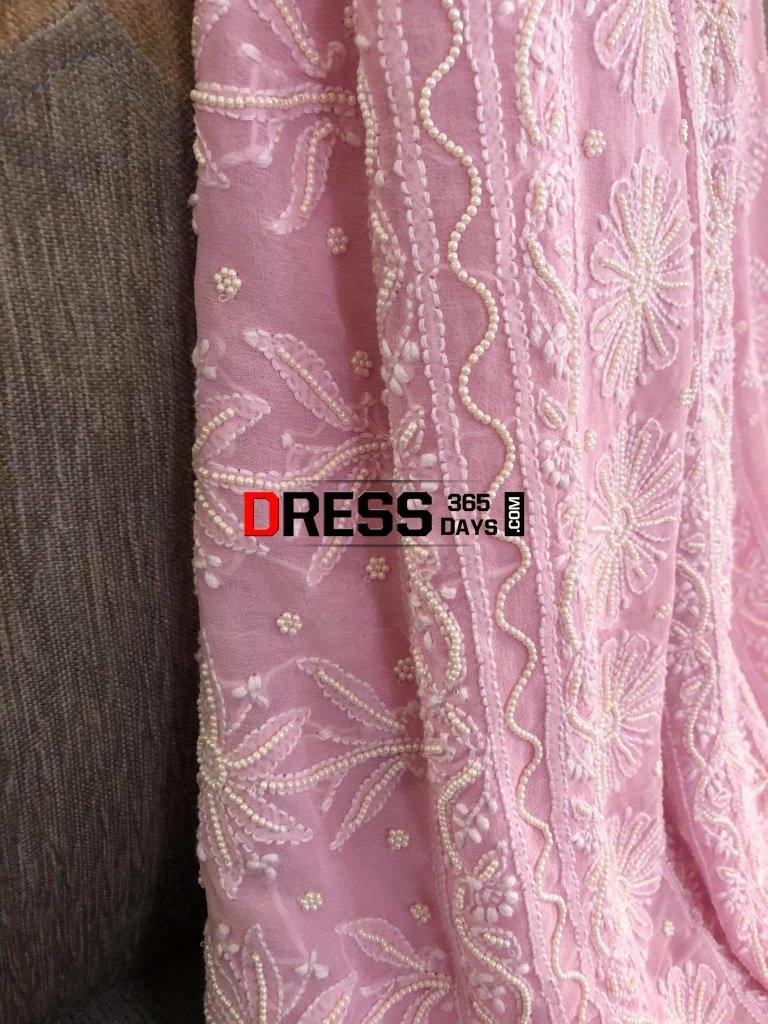 Powder Pink Chikankari Saree With Pearls