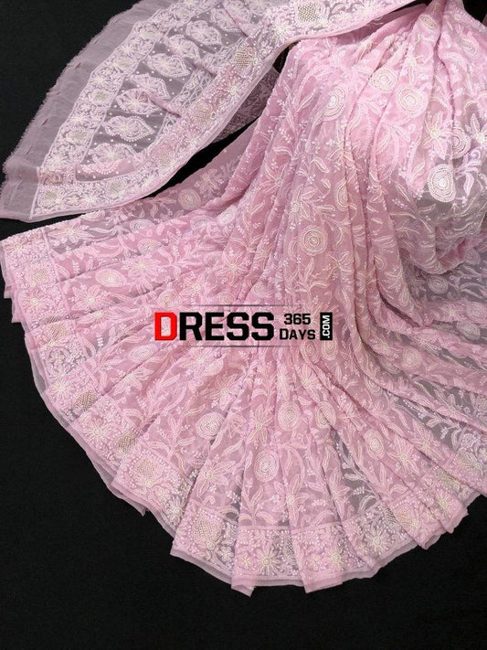 Powder Pink Chikankari Saree With Pearls