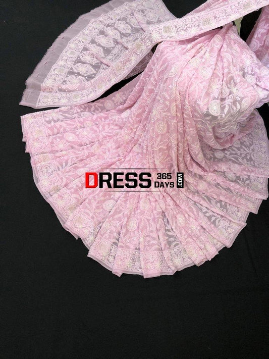 Powder Pink Chikankari Saree With Pearls
