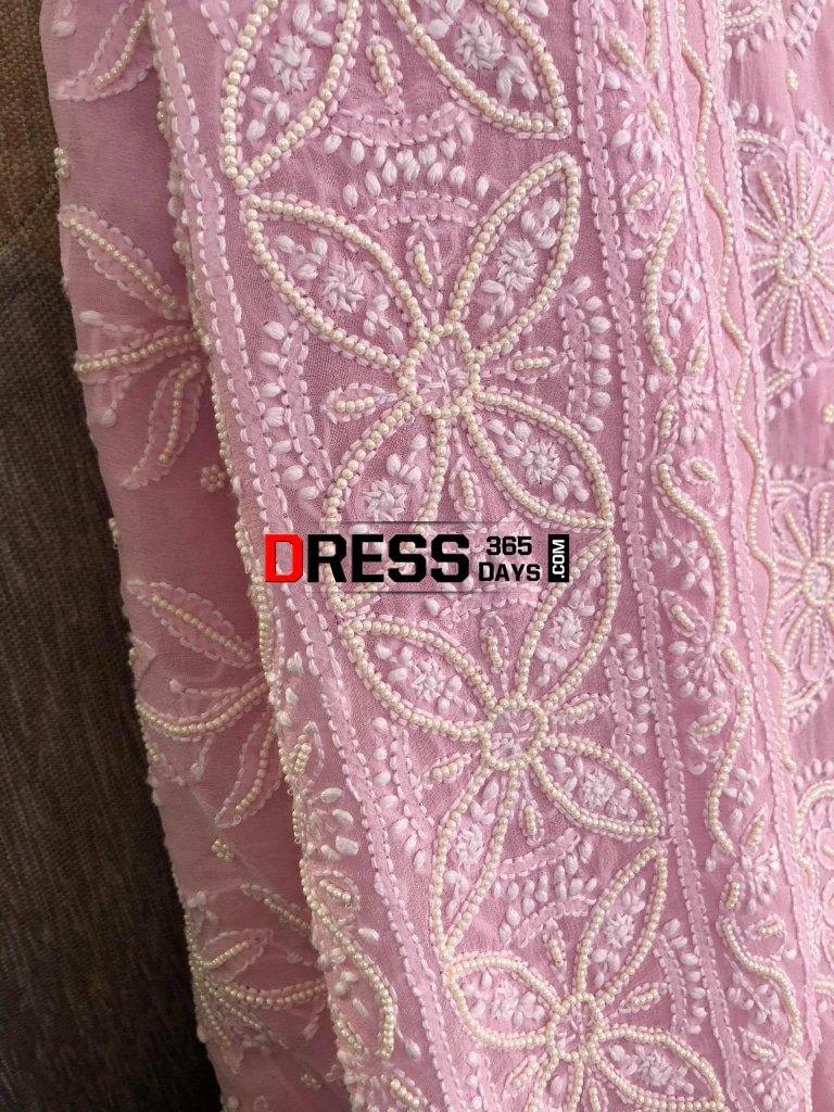 Powder Pink Chikankari Saree With Pearls
