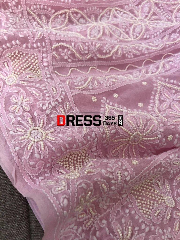 Powder Pink Chikankari Saree With Pearls